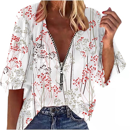 

Mulheres Camisa Social Branco Floral Imprimir Manga 3/4 Diário Casual Decote V Padrão Ajuste Largo Tema Flores Manga Princesa S