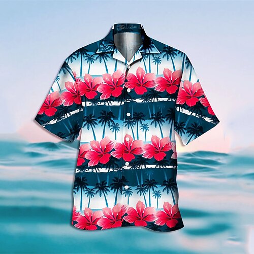 

Men's Shirt Floral Turndown Street Casual 3D Button-Down Short Sleeve Tops Casual Fashion Comfortable Beach Red / White