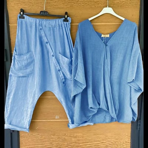 

Women's Plus Size Curve Tops Set Plain Pocket Button 3/4 Length Sleeve V Neck Streetwear Daily Going out Polyester Spring Summer Blue Gray