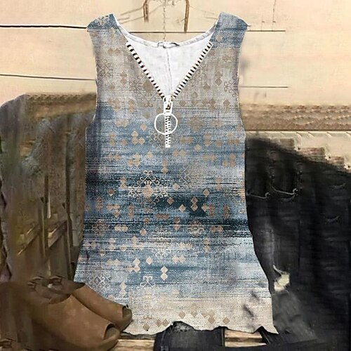 

Women's Plus Size Tops Tank Top Color Gradient Zipper Print Sleeveless V Neck Streetwear Daily Holiday Cotton Spandex Jersey Spring Summer Blue
