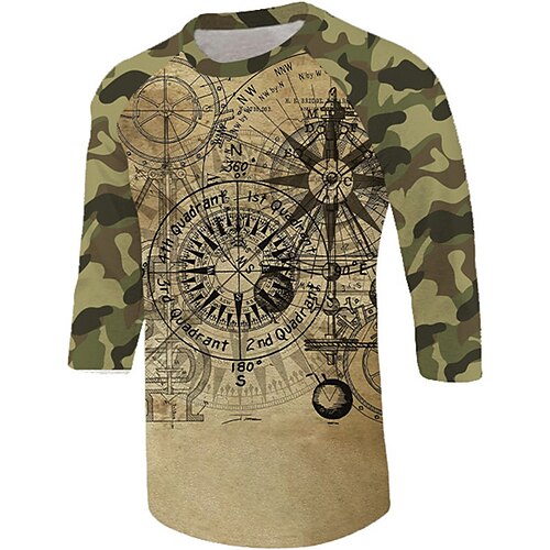 

Men's T shirt Tee 3D Print Graphic Patterned Camo / Camouflage Compass Plus Size Crew Neck Daily Sports Print 3/4 Length Sleeve Tops Designer Basic Casual Big and Tall Light Brown / Summer