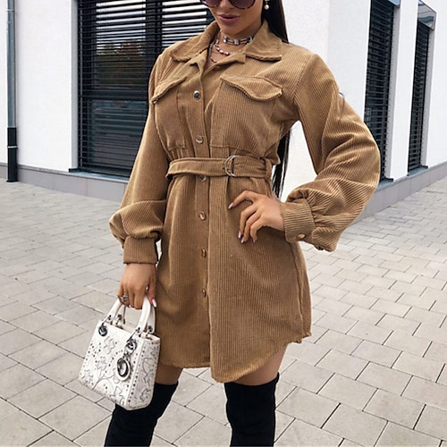 

Women's A Line Dress Short Mini Dress Green White Khaki Long Sleeve Solid Color Pocket With Belt Button Fall Winter Shirt Collar Stylish Casual 2022 S M L XL XXL