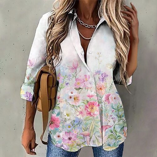 

Chemise Chemisier Femme Blanche Jaune Rose Claire Floral Bouton Imprimer manche longue du quotidien Vacances Vêtement de rue Décontractées Col de Chemise Normal Standard Fleur S