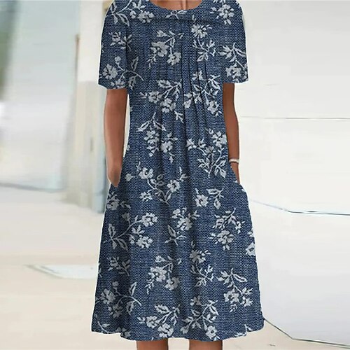 

Women's Shift Dress Knee Length Dress Blue Short Sleeve Floral Ruched Pocket Print Spring Summer Crew Neck Casual Vacation 2022 S M L XL XXL 3XL