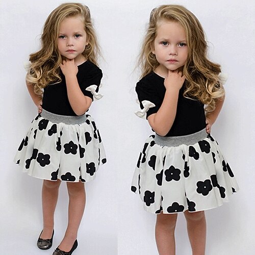 

2 Pieces Kids Girls' T-shirt & Skirt Clothing Set Outfit Floral Short Sleeve Drawstring Cotton Set Outdoor Cute Sweet Spring Summer 2-6 Years Black