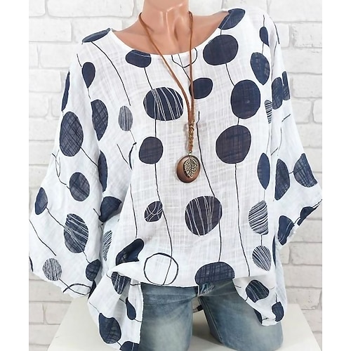 Women's Blouse White Polka Dot Print Long Sleeve Daily Weekend Basic Casual Crew Neck Cotton Plus Size L, lightinthebox  - buy with discount