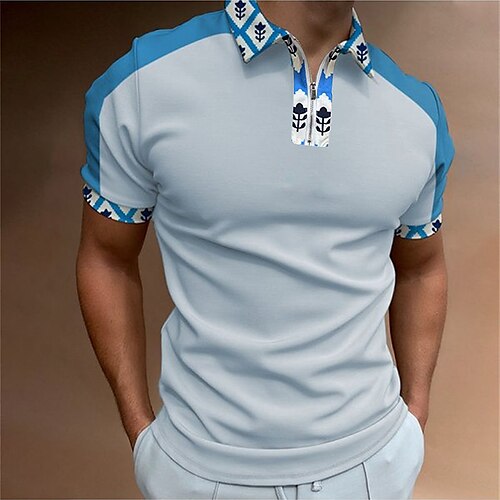 

Men's Collar Polo Shirt Golf Shirt Color Block Turndown Dusty Blue Street Casual Short Sleeve Zipper Clothing Apparel Fashion Casual Comfortable / Beach