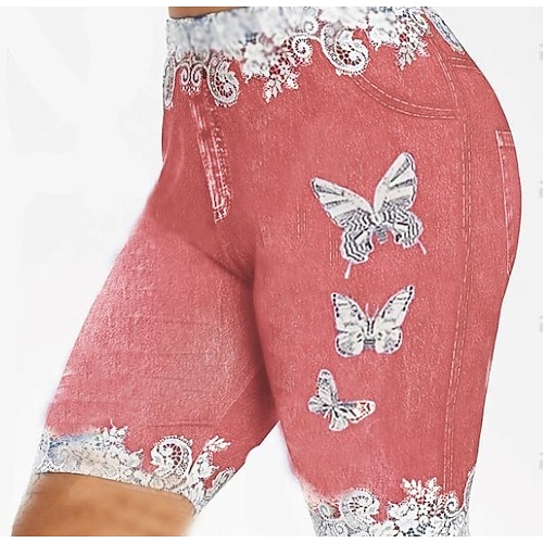 

Women's Tights Shorts Faux Denim Purple Dark Blue Red Mid Waist Fashion Streetwear Casual / Sporty Casual Weekend Print Micro-elastic Knee Length Comfort Butterfly S M L XL XXL / Slim