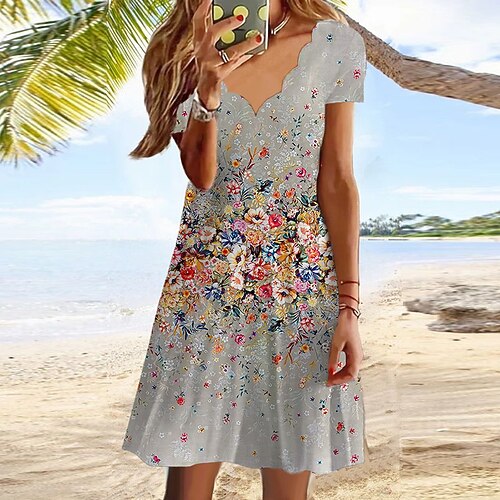 

Women's Shift Dress Knee Length Dress Blue Gray Short Sleeve Floral Color Gradient Print Spring Summer V Neck Casual Vacation 2022 S M L XL XXL 3XL
