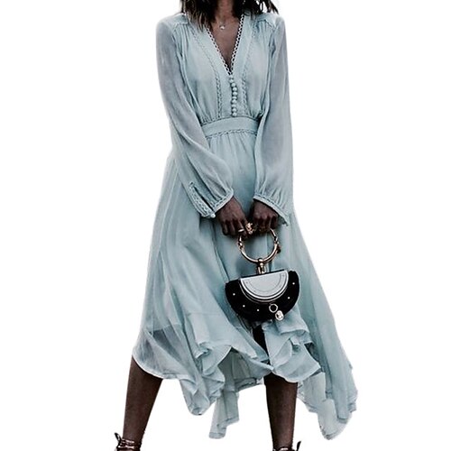 

Women's A Line Dress Maxi long Dress Light Blue Long Sleeve Pure Color Ruched Spring Summer V Neck Casual 2022 S M L XL XXL 3XL