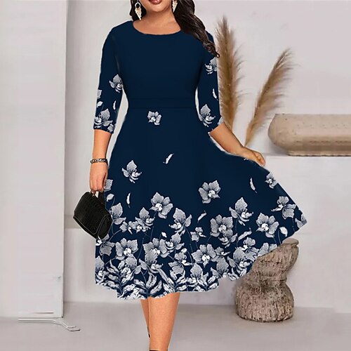 

Women's Plus Size Holiday Dress Floral Crew Neck Print 3/4 Length Sleeve Fall Spring Work Midi Dress Daily Vacation Dress