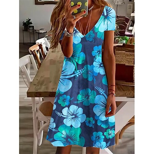 

Women's Casual Dress Shift Dress Mini Dress Blue Short Sleeve Floral Print Spring Summer V Neck Vacation 2023 S M L XL XXL 3XL