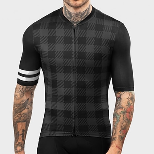 

21Grams Men's Cycling Jersey Short Sleeve Bike Top with 3 Rear Pockets Mountain Bike MTB Road Bike Cycling Breathable Quick Dry Moisture Wicking Reflective Strips Black Plaid Checkered Polyester