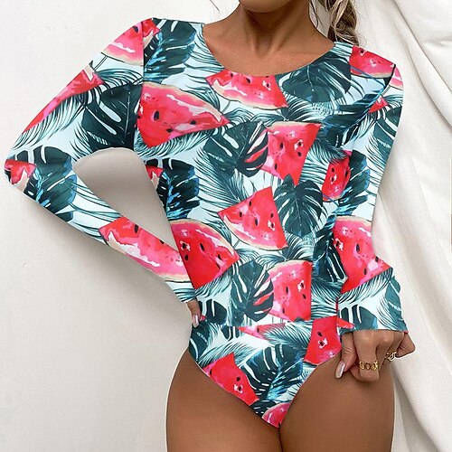 

Women's One Piece Swimsuit Backless Bodysuit Bathing Suit Floral Swimwear Seaweed Strawberry Quick Dry Long Sleeve - Swimming Surfing Beach Spring Summer
