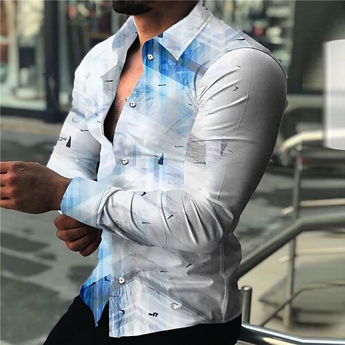 

Hombre Camisa Camisa gráfica Geometría Cuello Vuelto Azul Piscina Impresión 3D Exterior Calle Manga Larga Abotonar Estampado Ropa Moda Design Casual Transpirable / Verano / Primavera / Verano