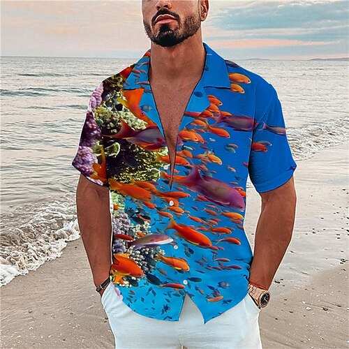 

Men's Shirt Graphic Shirt Scenery Underwater World Turndown Blue 3D Print Outdoor Street Short Sleeve Button-Down Print Clothing Apparel Fashion Designer Casual Breathable / Summer / Spring / Summer