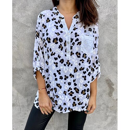 

Women's Daily Weekend Blouse Shirt Leopard Long Sleeve Pocket Button Print V Neck Casual Streetwear Tops Gray Brown Light Blue S / 3D Print