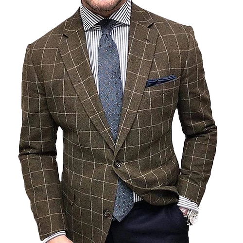 

Men's Blazer Sport Jacket Sport Coat Thermal Warm Breathable Outdoor Work Street Double Breasted Turndown Streetwear Business 1920s Jacket Outerwear Plaid / Check Pocket Brown Gray