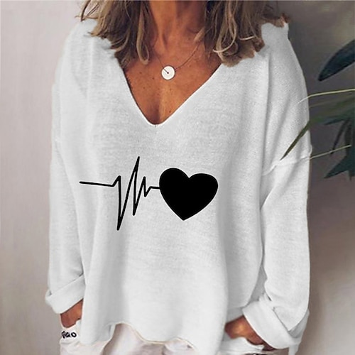 

Women's Plus Size Tops T shirt Tee Heart Print Long Sleeve V Neck Streetwear Preppy Daily Going out Cotton Blend Fall Spring White Black