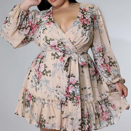 

Women's Plus Size Holiday Dress Floral V Neck Ruffle Long Sleeve Fall Winter Casual Short Mini Dress Causal Daily Dress / Print