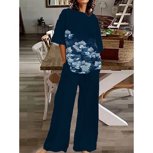 

Women's Loungewear Sets Nighty 2 Pieces Flower Comfort Sweet Home Daily Polyester Crew Neck Half Sleeve Spring Summer Green Blue
