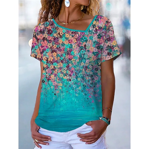 

Women's T shirt Tee Blue Floral Plants Print Short Sleeve Casual Daily Basic Diagonal Neck Regular Floral S