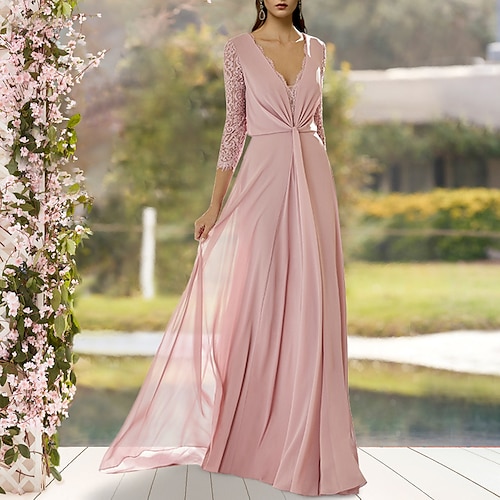 

A-Line Mother of the Bride Dress Elegant V Neck Floor Length Chiffon Lace 3/4 Length Sleeve with Pleats 2022