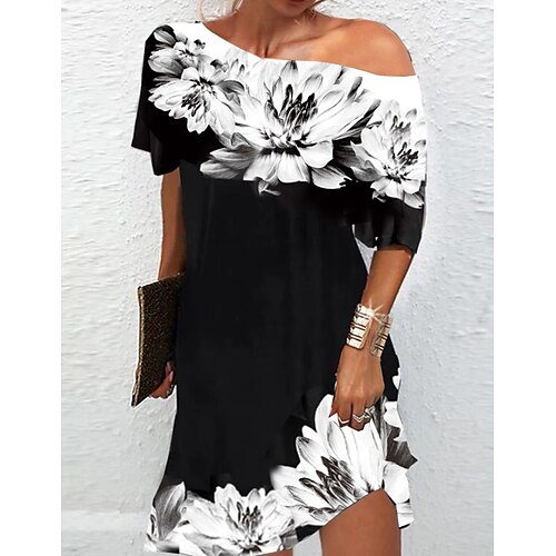 

Mini robe Femme Robe casual Manche Courte Printemps Eté - Casual Imprimer Floral Imprime Une Epaule Coton 2023 Noir S M L XL XXL 3XL