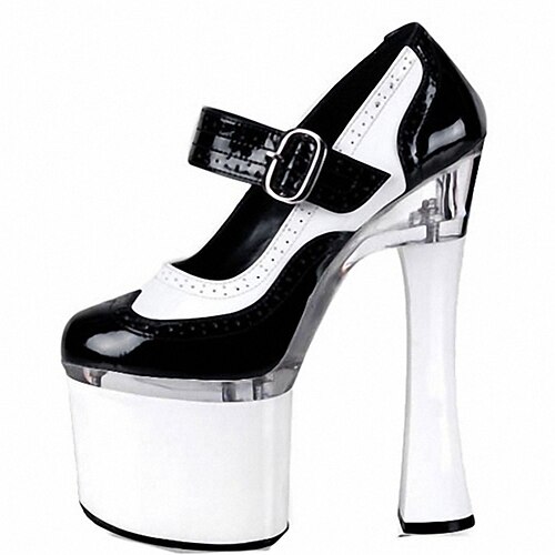 

Women's Heels Party Buckle Platform Chunky Heel Round Toe PU Leather Loafer Solid Colored Black White