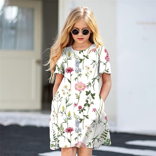 

Kids Girls' Dress Floral A Line Dress Above Knee Dress Daily Print Short Sleeve Cute Dress 3-12 Years Spring Navy Blue White