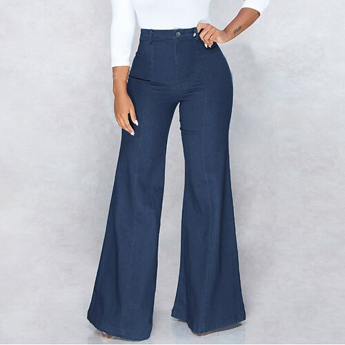 

Women's Flare Pants Trousers Jeans Bell Bottom Denim Blue Mid Waist Fashion Streetwear Casual Weekend Pocket Full Length Comfort Plain S M L XL XXL / Loose Fit