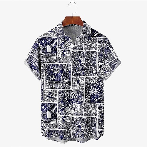 

Men's Shirt Print Bird Turndown Street Daily Button-Down Print Short Sleeve Tops Casual Fashion Breathable Comfortable Royal Blue