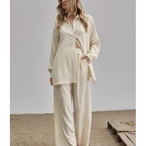 

2022 cross-border explosion version of cotton and linen long-sleeved temperament commuter skin tone linen solid color slit tunic and wide-leg pants suit