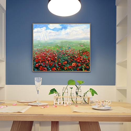 

Oil Painting Handmade Hand Painted Wall Art Abstract Landscape and Red Flowers Canvas Painting Home Decoration Decor Stretched Frame Ready to Hang