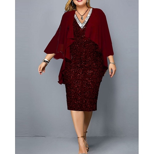 

Women's Plus Size Party Dress Color Block V Neck Ruched 3/4 Length Sleeve Winter Fall Work Elegant Prom Dress Midi Dress Formal Party Dress