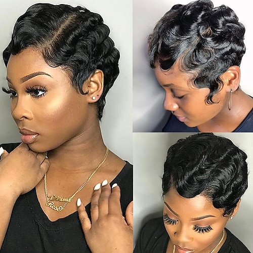 

Short Finger Wave Cheap Wigs For Women Remy Real Hair Pixie Cut Wig Short Human Hair Wigs Machine Made