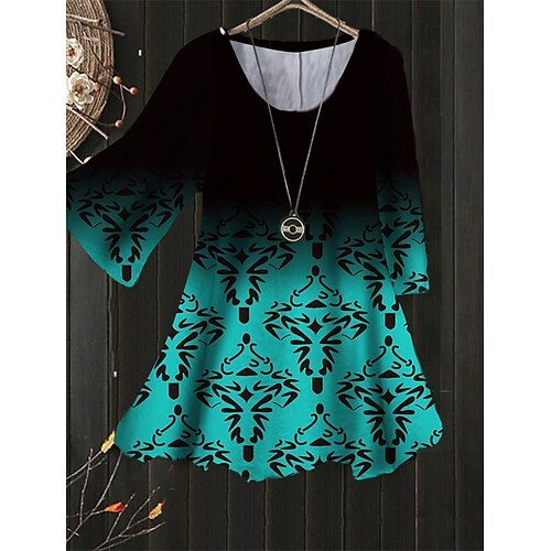 

Women's Plus Size Tops Blouse Shirt Floral Geometry Print 3/4 Length Sleeve Crewneck Streetwear Daily Holiday Polyester Spring Summer Green Blue