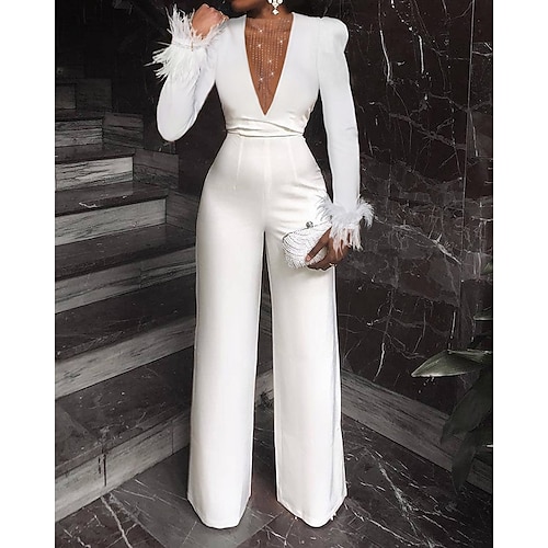 

Women's Pants Trousers Jumpsuit Rompers White Mid Waist Fashion Casual Weekend Micro-elastic Full Length Comfort Plain S M L XL