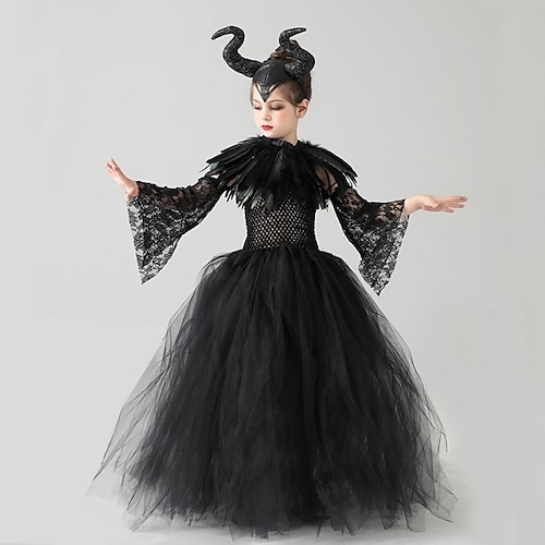 

Kids Little Girls' Witch Maleficent Outfits Tutu Movie Cosplay Dress Solid Colored A Line Party Halloween Mesh Black Midi Long Sleeve Dresses Spring Summer Regular Fit 5 Pieces 2-8 Years