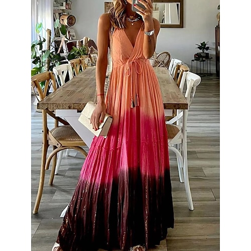 

Women's Long Dress Maxi Dress Orange Sleeveless Color Block Ruched Spring Summer V Neck 2022 S M L XL XXL