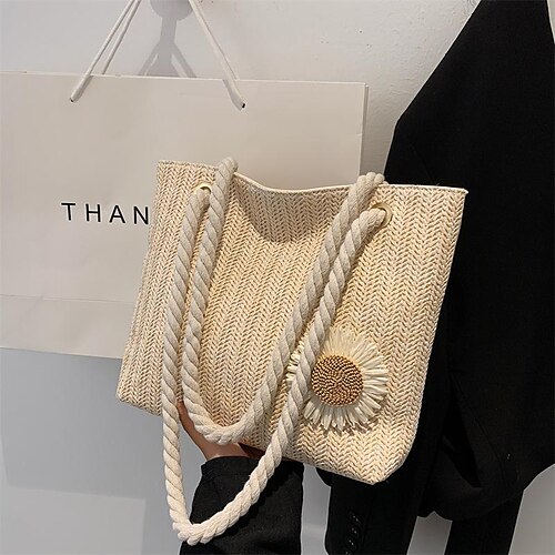 

Women's Girls' Tote Straw Bag Shoulder Bag PU Leather Solid Color Shopping Daily Going out White khaki