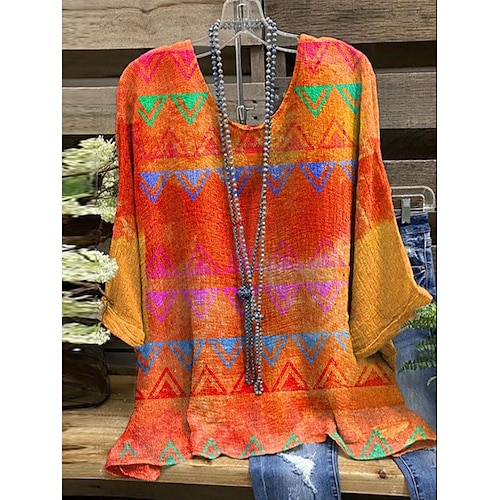 

Women's Blouse Shirt Orange Geometric Print 3/4 Length Sleeve Daily Weekend Streetwear Casual Round Neck Regular Geometric S