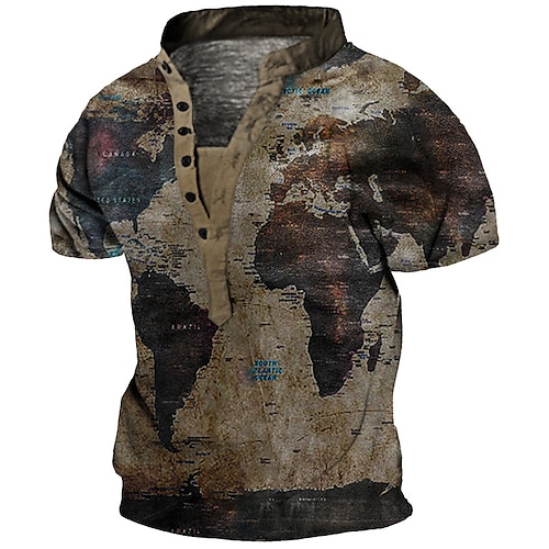 

Men's T shirt Tee Henley Shirt Tee Graphic Map Stand Collar Coffee 3D Print Plus Size Outdoor Daily Short Sleeve Button-Down Print Clothing Apparel Basic Designer Casual Big and Tall / Summer