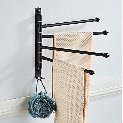 

Towel Holder Rack Black Aluminum Swivel Towel Bar Hanger 4 Rods Movable Foldable Wall Mount Towel Rail with Hook Bathroom Storage