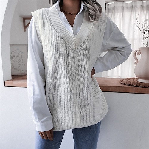 

Women's Vest Jumper Knit Knitted Pure Color V Neck Stylish Elegant Daily Holiday Fall Winter White Blue S M L / Sleeveless / Casual / Regular Fit / Sleeveless / Going out