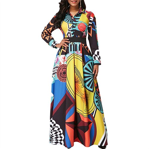 

Women's A Line Dress Maxi long Dress Green White Black Yellow Orange 3/4 Length Sleeve Striped Color Block Geometric Button Print Fall Winter Shirt Collar Stylish Elegant Mature 2022 S M L XL XXL 3XL