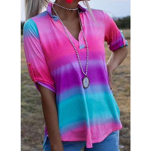

Women's Blouse Shirt Fuchsia Color Gradient Print 3/4 Length Sleeve Daily Weekend Streetwear Casual V Neck Regular S / 3D Print