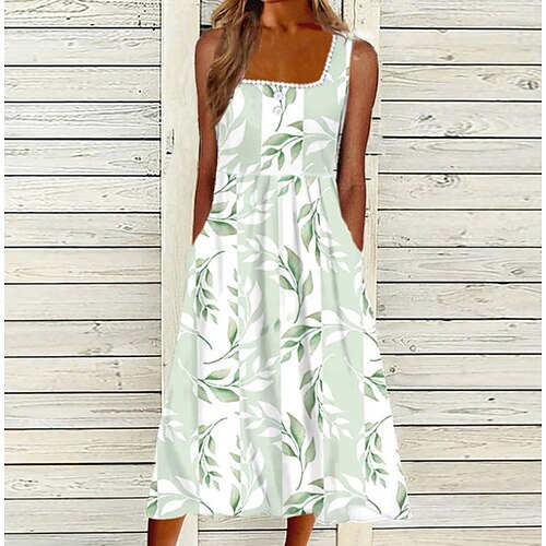 

Per donna Abito casual Vestito longuette Verde Senza maniche Stampa Increspato Estate Primavera Squadrata Moda 2023 S M L XL XXL 3XL