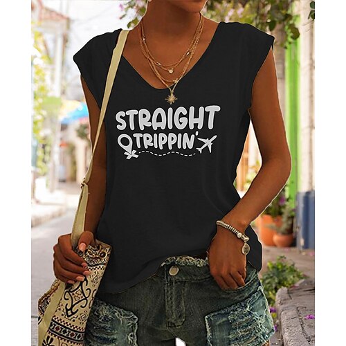 

Women's Daily Weekend Tank Top Camis Graphic Patterned Letter Sleeveless Print V Neck Casual Streetwear Tops Black Blue Gray S
