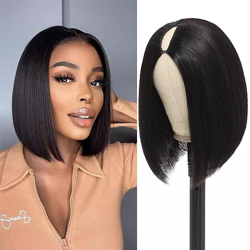 

Human Hair Wig Long Straight Middle Part Natural Black Easy to Carry Women Easy dressing Machine Made Brazilian Hair Women's Natural Black #1B 8 inch 10 inch 12 inch Party / Evening Daily Wear